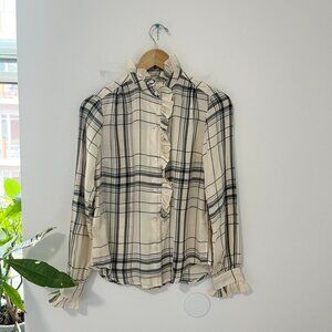 NEW Frame Black & White Plaid Print Ruffle Button Up Blouse Size XS